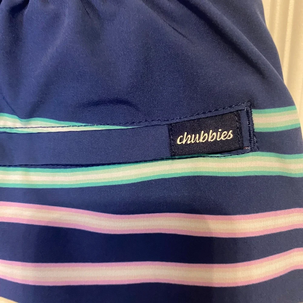 Chubbies Mens‎ Small Swim Trunks Blue Striped 7 Inch Inseam Retro Board Shorts